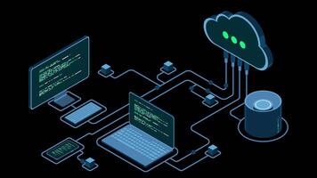 Cloud technology computing animation. Modern cloud technology. Data center isometric concept. Isometric cloud technology with datacenter. Web hosting concept. Transparent background with alpha video