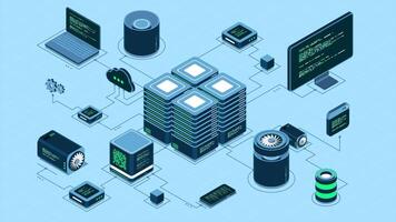 Isometric computer technology animation. Computation of big data center. Cloud computing. Online devices upload and download information. 4K animated in isometric video