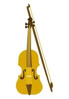 Flat illustration of a violin with a bow in a warm brown and yellow color scheme. Represents classical music, string instruments and artistic expression in elegant design vector