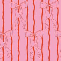 Seamless pattern of hand drawn bows and wavy vertical stripes in pink and red tones. Represents feminine charm, vintage elegance and decorative textile design vector