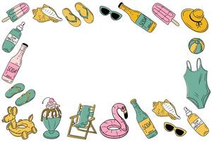 summer banner with beach items forming a colorful frame on white background. Vacation and tropical leisure concept featuring seasonal objects in a playful hand drawn style vector