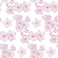 Seamless pattern with pink cherry blossom flowers and branches on white background. Springtime and renewal concept in a delicate hand drawn floral design vector