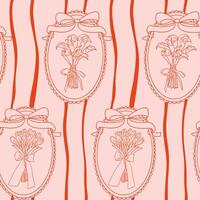 Romantic seamless pattern with hand drawn floral bouquets framed in bows and wavy stripes. Combines vintage charm and feminine elegance with decorative ornamental style vector