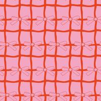 Seamless pattern with bows on a pink wavy checkered background in outline style. Concept conveys charm, elegance and a decorative romantic aesthetic vector