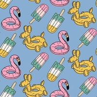 Playful seamless summer pattern with flamingo floats, ice pops and balloon animal tubes. Captures fun, relaxation and poolside vibes in a colorful seasonal design vector