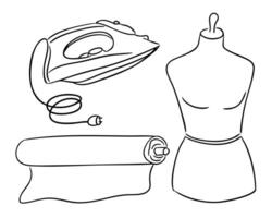illustration of iron, mannequin and fabric roll on white background. Sewing and tailoring concept representing fashion design and garment creation in hand drawn style vector