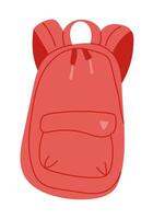 Minimal flat illustration of a red backpack with front pocket and top handle. Represents travel, school supplies and daily utility in simple modern design vector