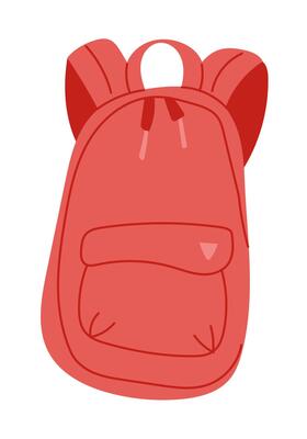 Minimal flat illustration of a red backpack with front pocket and top handle. Represents travel, school supplies and daily utility in simple modern design