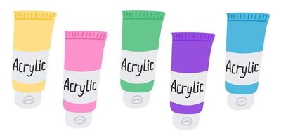 Colorful set of acrylic paint tubes in simple hand drawn flat design on white background. Represents creativity, artistic tools and painting supplies for creative expression vector
