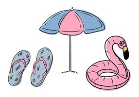 illustration of beach flip-flops, sun umbrella and inflatable flamingo on white background. vector