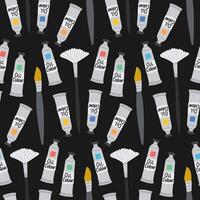 Seamless pattern with oil paint tubes and artist brushes on black background. Artistic creation and painters tools concept in a bold hand drawn style vector