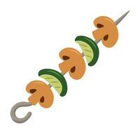 Vegetable skewer with mushrooms and zucchini, colorful summer barbecue in flat cartoon style. vector