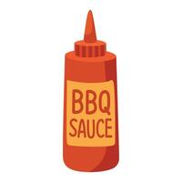 Red squeeze bottle of barbecue sauce with yellow label, drawn in flat cartoon style. vector