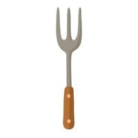 Metal grill fork with wooden handle, simple cartoon style on white background. vector