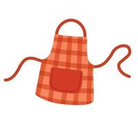 Red checkered apron with pocket, drawn in flat cartoon style, isolated on white background. vector