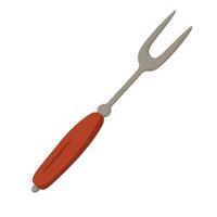 Metal barbecue fork with red handle, drawn in soft flat cartoon style on white background. vector