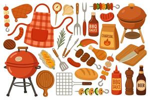 Collection of colorful barbecue elements in flat cartoon style, ideal for summer cookout design. vector