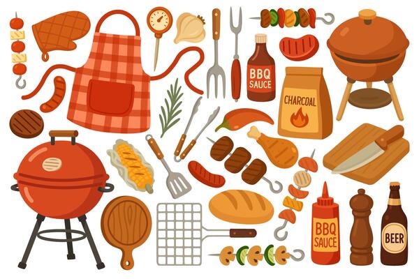 Collection of colorful barbecue elements in flat cartoon style, ideal for summer cookout design.
