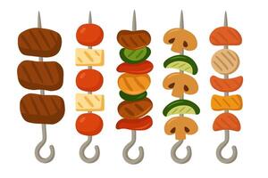 Colorful grilled skewers with vegetables and meat in soft cartoon flat style on white background. vector