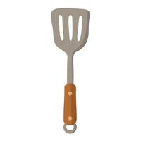 Metal spatula with wooden handle and loop, drawn in flat cartoon style. vector