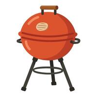 Classic round charcoal grill with lid and tripod legs, drawn in flat cartoon style. vector