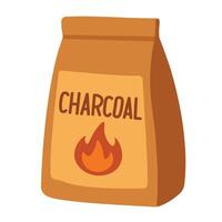 Brown paper bag of charcoal with flame symbol, drawn in flat cartoon style. vector
