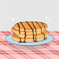 Stack of three pancakes covered in chocolate syrup on a blue plate set on a red white checkered tablecloth vector