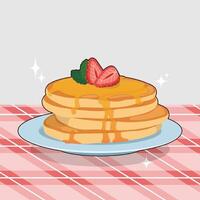 A stack of pancakes adorned with syrup and strawberries served on a blue plate over a red and white checkered tablecloth vector