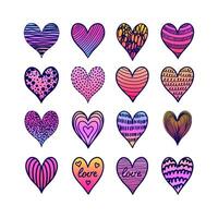 Collection of hand drawn gradient hearts in doodle style on white background. vector