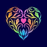 Floral intricate heart with gradient color on dark background. vector