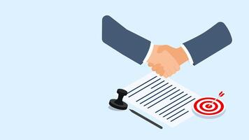 Businessman handshake, making business contract with documents and target group arrows on isolated background, design concept vector