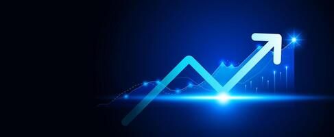 Marketing strategy analysis graph and business growth arrows on dark blue technology background with futuristic light effect for presentation vector