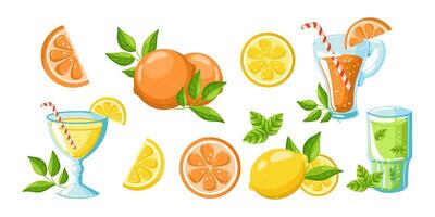 Hand drawn flat illustration featuring a colorful set of isolated citrus fruits, whole and sliced lemons and oranges with green leaves and fruity summer drinks. vector