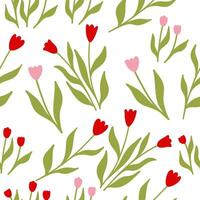 Hand drawn flat seamless pattern featuring simple abstract pink and red flowers with green leaves on a clean white background. Playful and modern floral design. vector