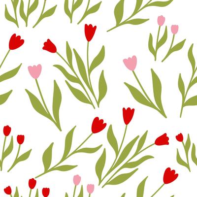 Hand drawn flat seamless pattern featuring simple abstract pink and red flowers with green leaves on a clean white background. Playful and modern floral design.