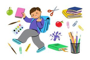 Flat illustration of a student with backpack and book in hand, surrounded by isolated school supplies like pencils, markers, scissors, ruler, books and more. vector