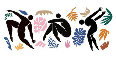 Set of illustration in the style of Henri Matisse, featuring abstract human silhouettes and bright colorful plants and leaves in a bold cut out design surrounded by abstract leaves vector