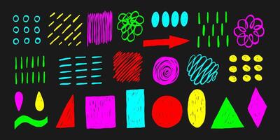 Collection of hand drawn bright color abstract stroke and scribbles pencil for creative backgrounds, textures, or artistic compositions. vector