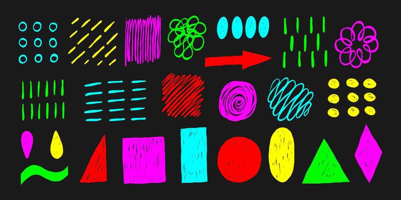 Collection of hand drawn bright color abstract stroke and scribbles pencil for creative backgrounds, textures, or artistic compositions.