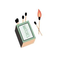 Flat illustration of a hand drawn matchbox and a lit match with a small flame. Isolated on a white background, cartoon style design for fire, camping, or safety themes vector