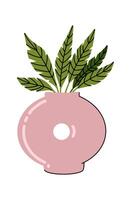Flat illustration of a round abstract pink vase with green leaves, isolated on a white background. Modern and minimal design in trendy flat style. vector