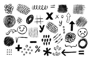 Collection of hand drawn abstract black pencil scribbles, messy strokes and lines isolated on white background vector