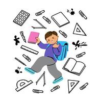 Flat illustration of a cheerful student with backpack and book in hand, surrounded by isolated school supplies like pencils, markers, scissors, paints, ruler, apple, and books in doodle style. vector