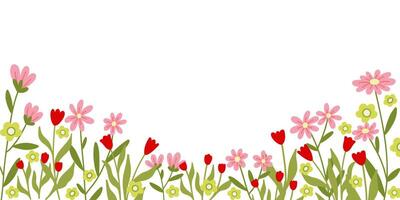 Horizontal backdrop with simple pink and red flowers on white. vector