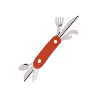 Flat illustration of a hand drawn folding pocket knife with extended corkscrew, fork, and spoon. Isolated on a white background. Ideal for camping, hiking, and survival themes. vector