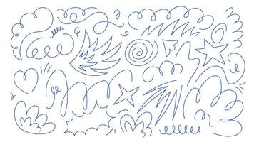 Set of hand drawn doodles in blue color. scribbles wings, wavy lines and zigzags. Elements for design vector
