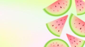 Background for text with watermelons. Summer juicy fruits, soft meshes gradient. Falling watermelon slices, glowing fruits vector