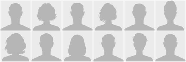 Set of twelve silhouette profile avatar defoult photo placeholder, male and female, in uniform minimalist grey tones. Ideal for graphics or anonymous user interfaces, featuring diverse hairstyles. vector