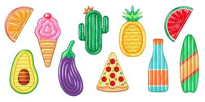 Set of colorful inflatable pool floats in fun shapes like ice cream and orange slice. Bright and playful design for summer pool parties. Isolated on white background. vector