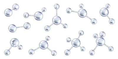 Realistic silver collagen molecules realistic color icons set. Biochemistry healthcare and beauty product 3d objects bundle on white background vector